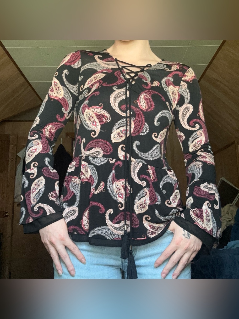 Whimsygoth Multicolor Paisley Flowy Bell Sleeve Layered Tassel V-Neck Blouse XS